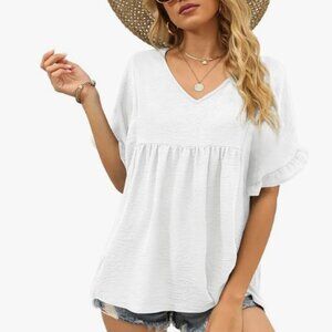 Sieanear Womens Blouses Ruffle Short Sleeve V Neck T-Shirts Casual Summer XL